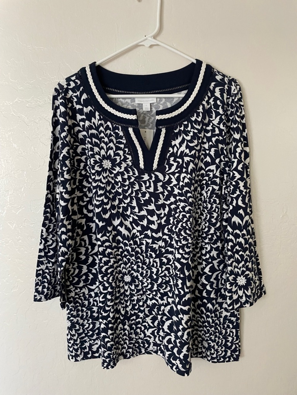 Charter Club Navy and White Floral-Pattern Knit Blouse